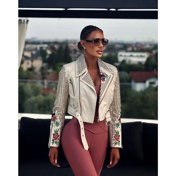 BCBGMAXAZRIA Runway Mannix Leather Floral Studded Jacket Gray Violet Combo Sz XS - Picture 8 of 9